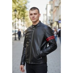 Wilsons Leather M Julian Mens‎ Black Moto Jacket Red Stripe Racer Style XL